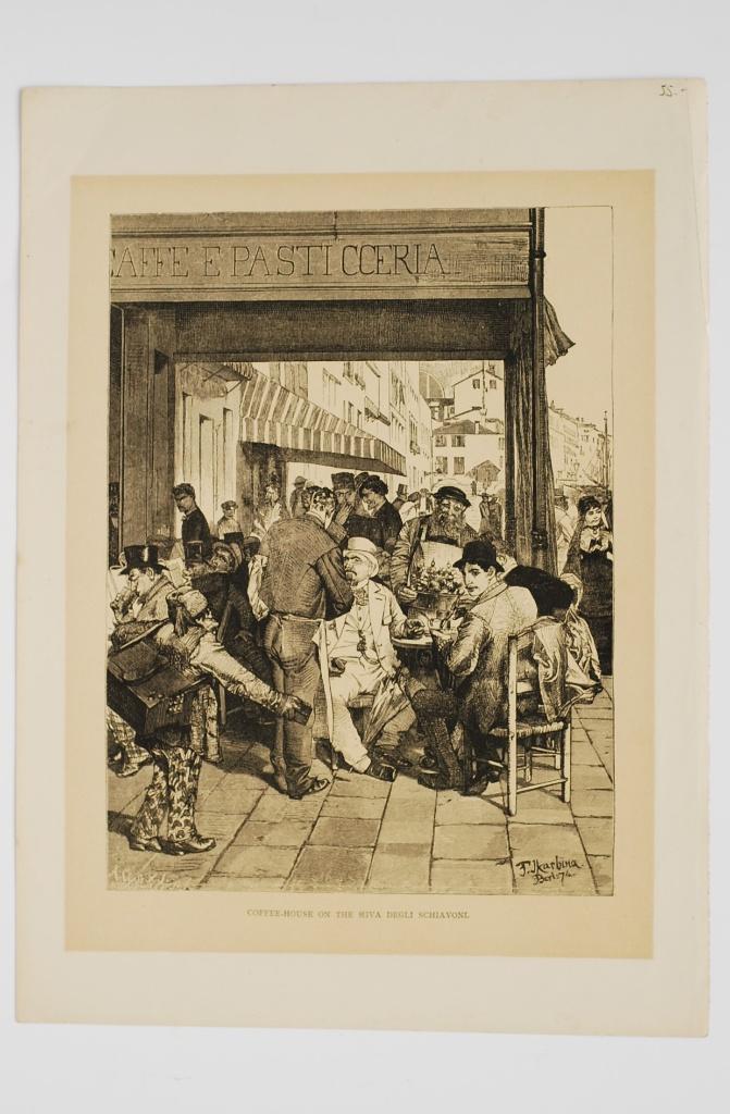 Antieke Prent Venetië Coffee-House Riva degli Schiavoni 1885, Verzamelen, Foto's en Prenten, Verzenden, Voor 1940, Zo goed als nieuw