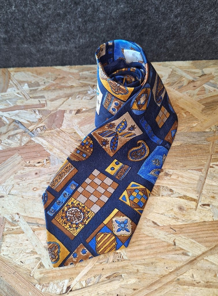 Zijden stropdas José Piscador – blauw met goud geometrisch, Blauw, Ophalen of Verzenden, Zo goed als nieuw, José Piscador
