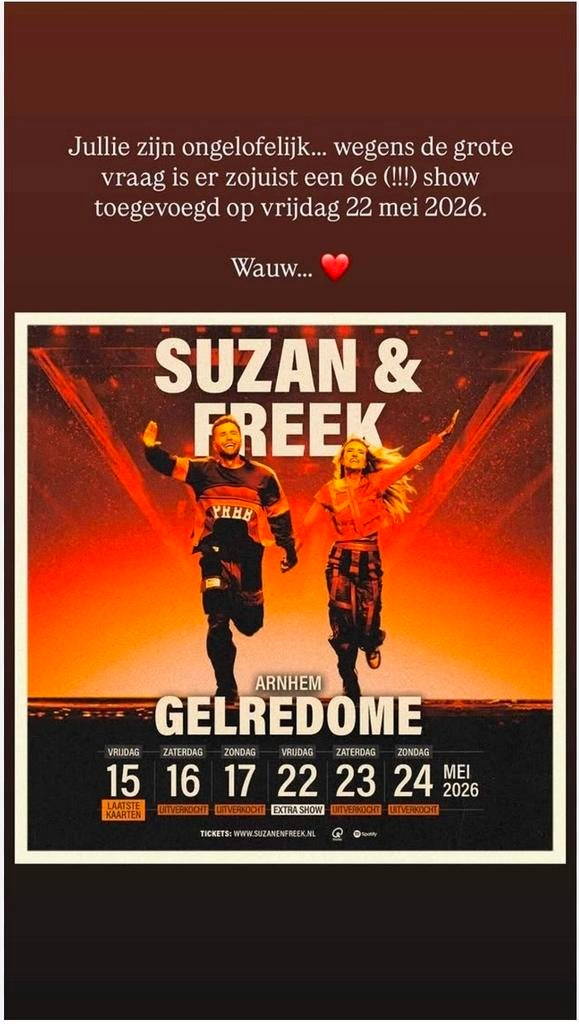 2 kaartjes - Suzan en Freek Gelredome 22 mei 2026 20.30u, Tickets en Kaartjes, Twee personen, Mei