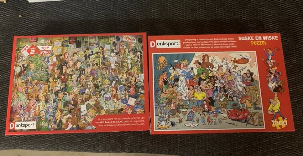 2 Denksport Puzzels: Suske en Wiske & Top 2000 (1000 stukjes, Ophalen of Verzenden, 500 t/m 1500 stukjes, Gebruikt, Legpuzzel