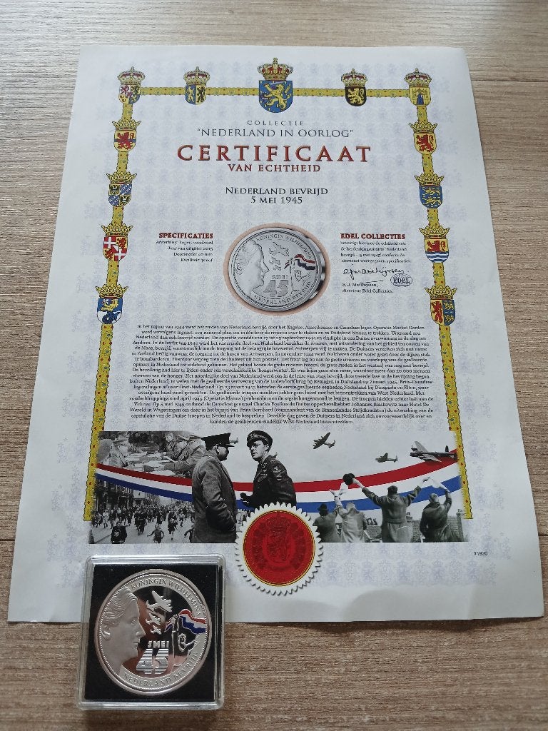 Munt nederland bevrijd met certificaat, Ophalen of Verzenden, Koningin Wilhelmina, Euro's, Losse munt