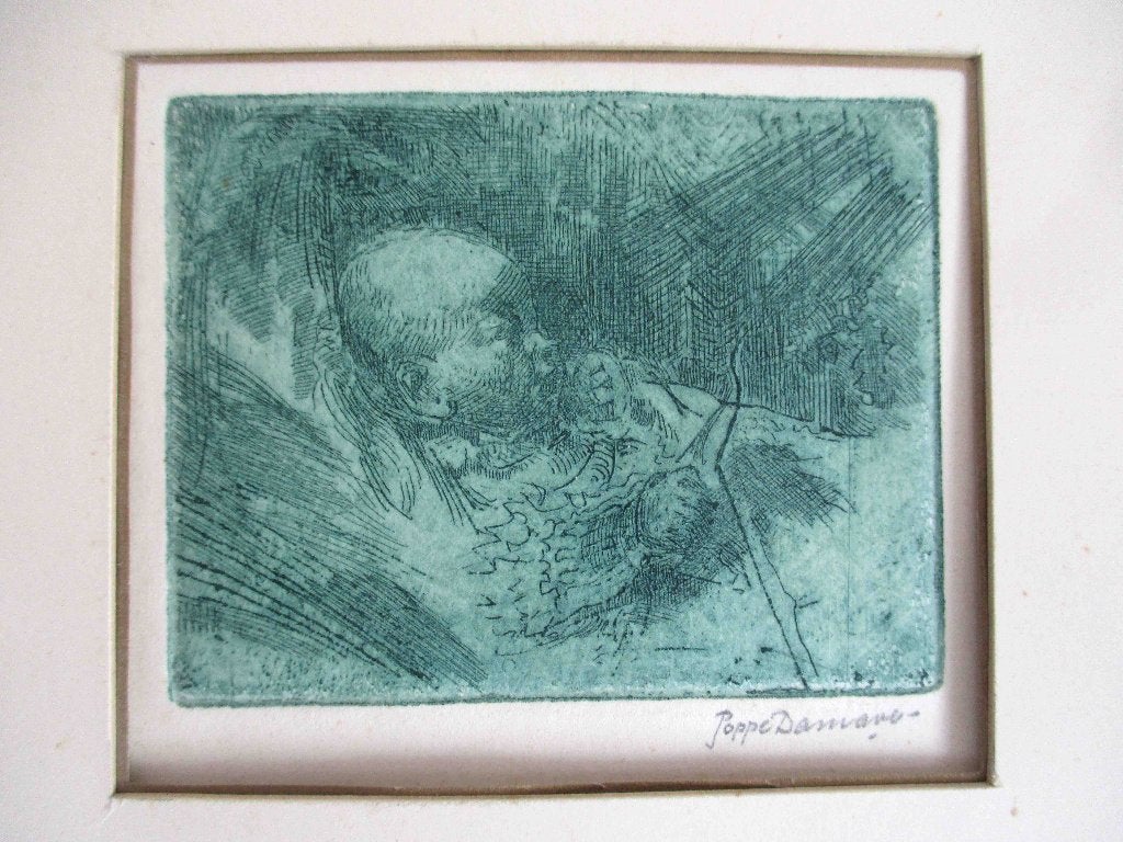 Ets van Poppe Damave - portret van een baby, Antiek en Kunst, 40 cm, Portret, Ophalen of Verzenden, Gesigneerd