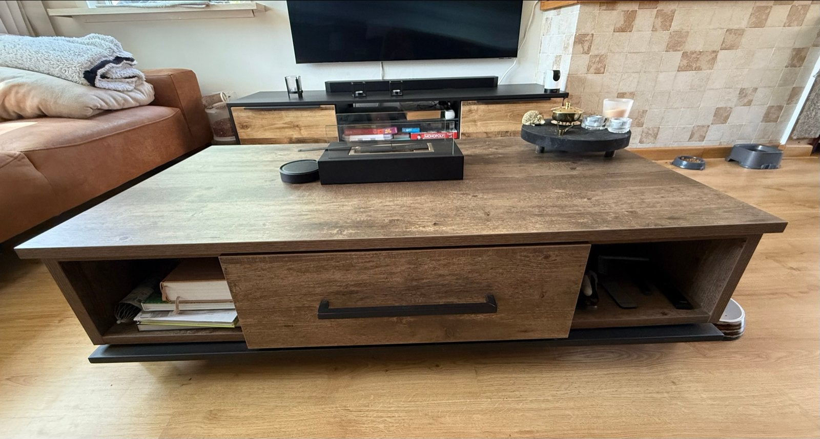 Salontafel met opbergruimte en metalen frame, Ophalen, Gebruikt, 100 tot 150 cm, 50 tot 100 cm