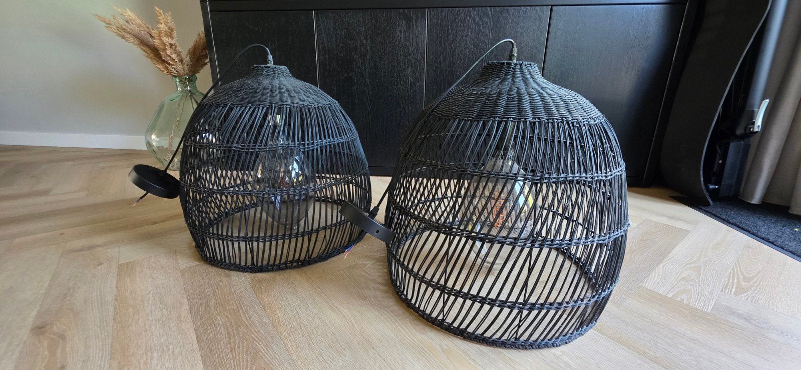Set, zwarte rotan hanglampen, Ophalen, Gebruikt, Modern, landelijk, E27 (groot)