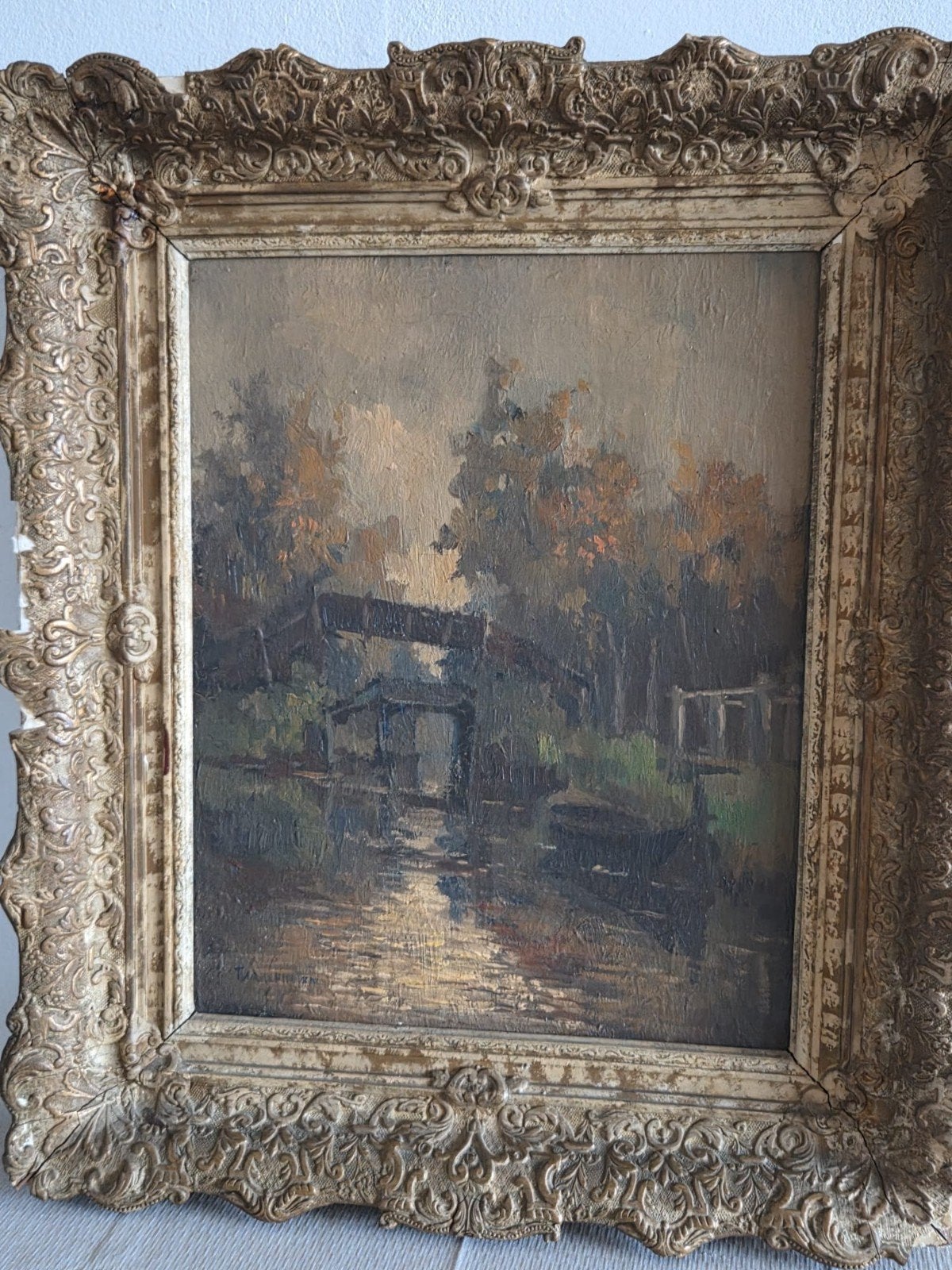 Olieverfschilderij Landschap met Brug en Water, Ophalen, Doek, Realistisch, Landschap