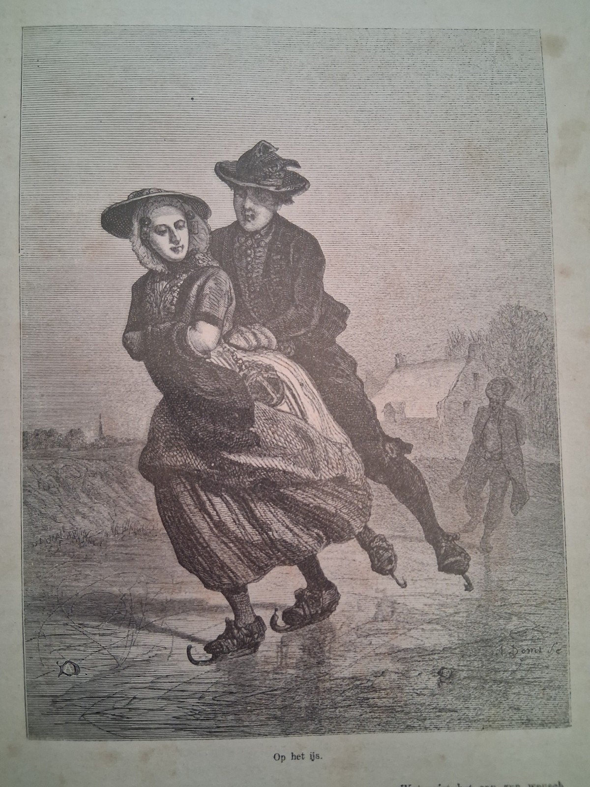 Houtsnede: Schaatsend Paar op het IJs (19e Eeuw), Antiek en Kunst, Kunst | Etsen en Gravures, Dagelijks leven, 1800 - 1899, Met tekst