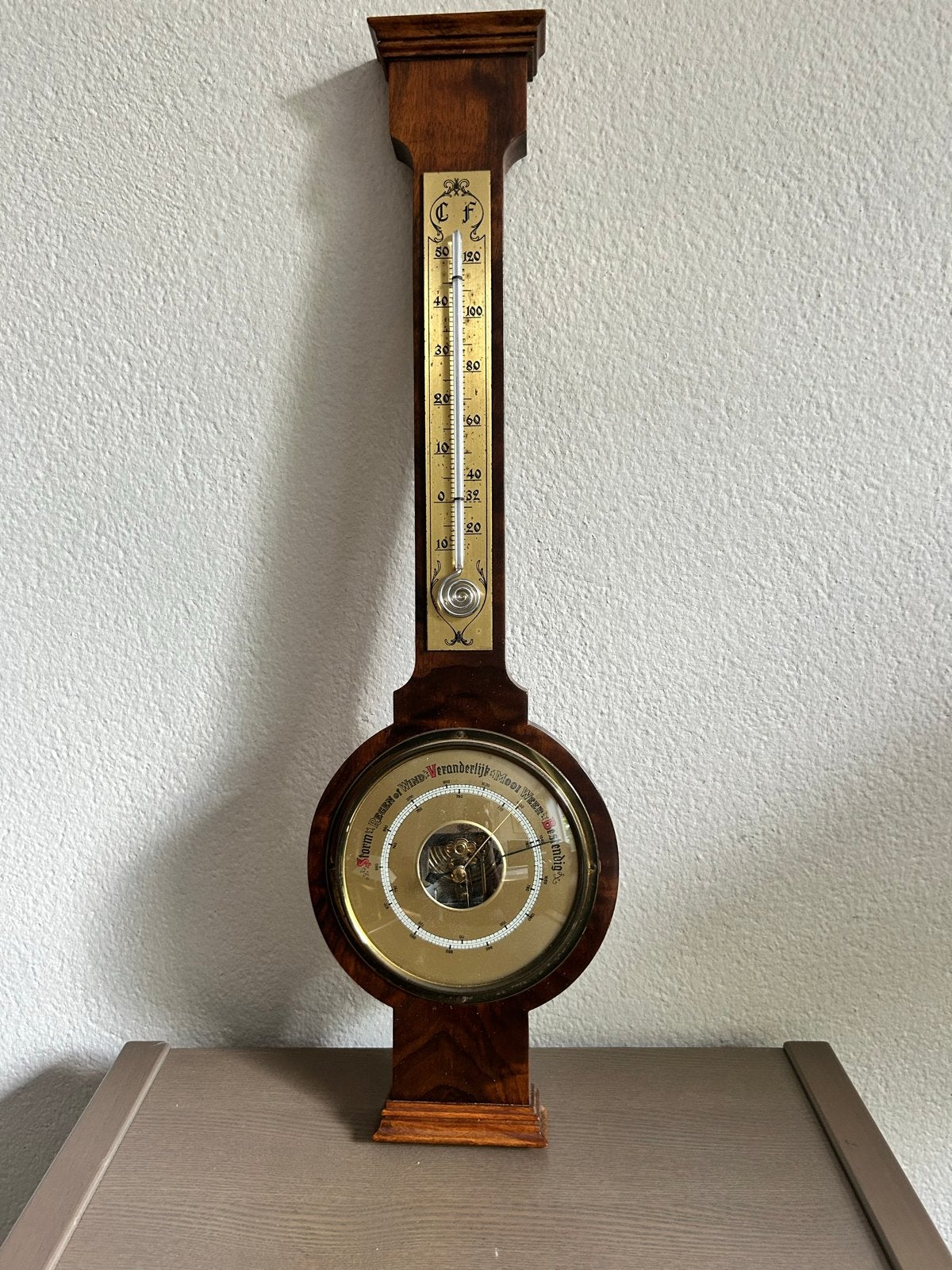 Antieke Barometer en Thermometer - Hout en Messing, Ophalen, Gebruikt, Barometer