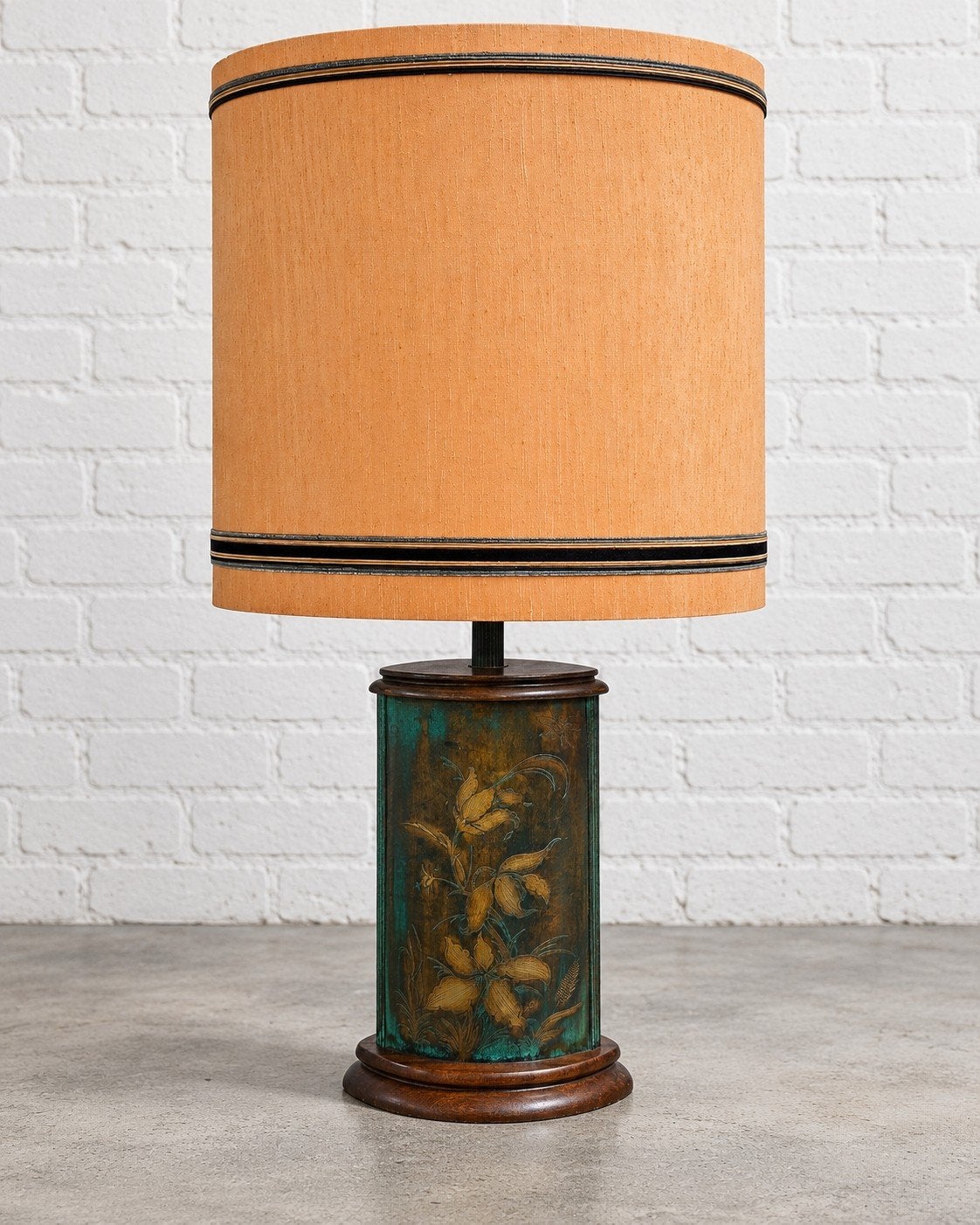 Mid-century tafellamp – gegraveerd koper & hout – jaren60/70, Ophalen, Gebruikt, Vintage, Handgemaakt
