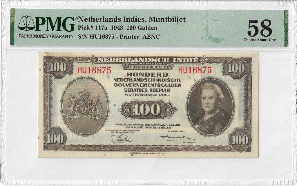 100 Gulden 1943 Nederlands-Indië (Pick 117a) PMG 58, Postzegels en Munten, Bankbiljetten | Nederland, Ophalen, 100 gulden, Los biljet