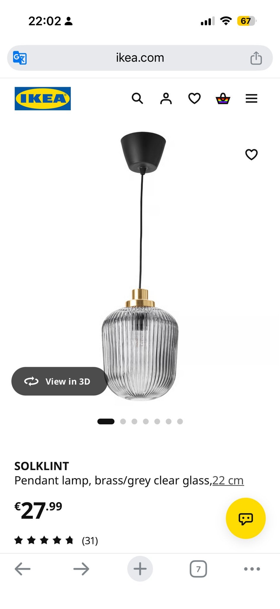 SOLKLINT Pendant lamp, brass/grey clear glass,22 cm, Ophalen, Zo goed als nieuw, Glas, E14 (klein)