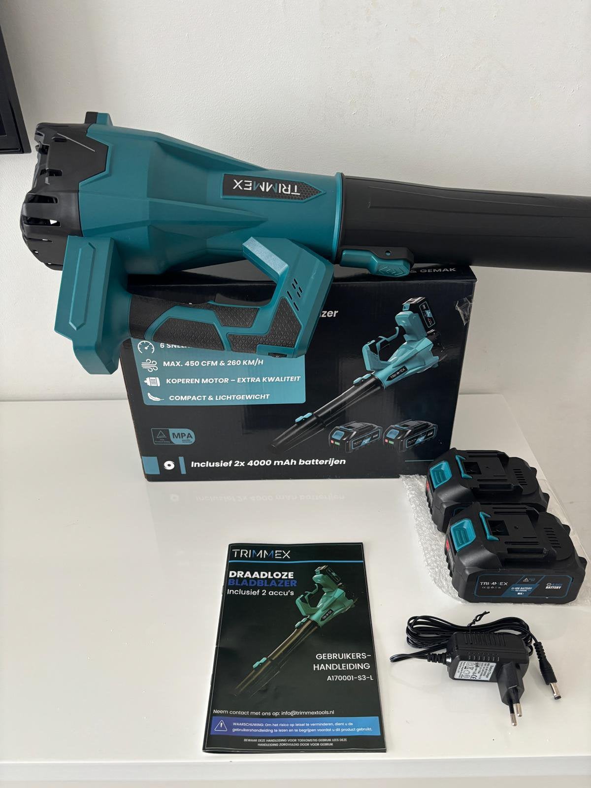 Trimmex Accu krachtige Bladblazer 20V luchtsnelheid 260 km/u, Tuin en Terras, Bladblazers, Ophalen of Verzenden, Nieuw, Accu, Handgedragen