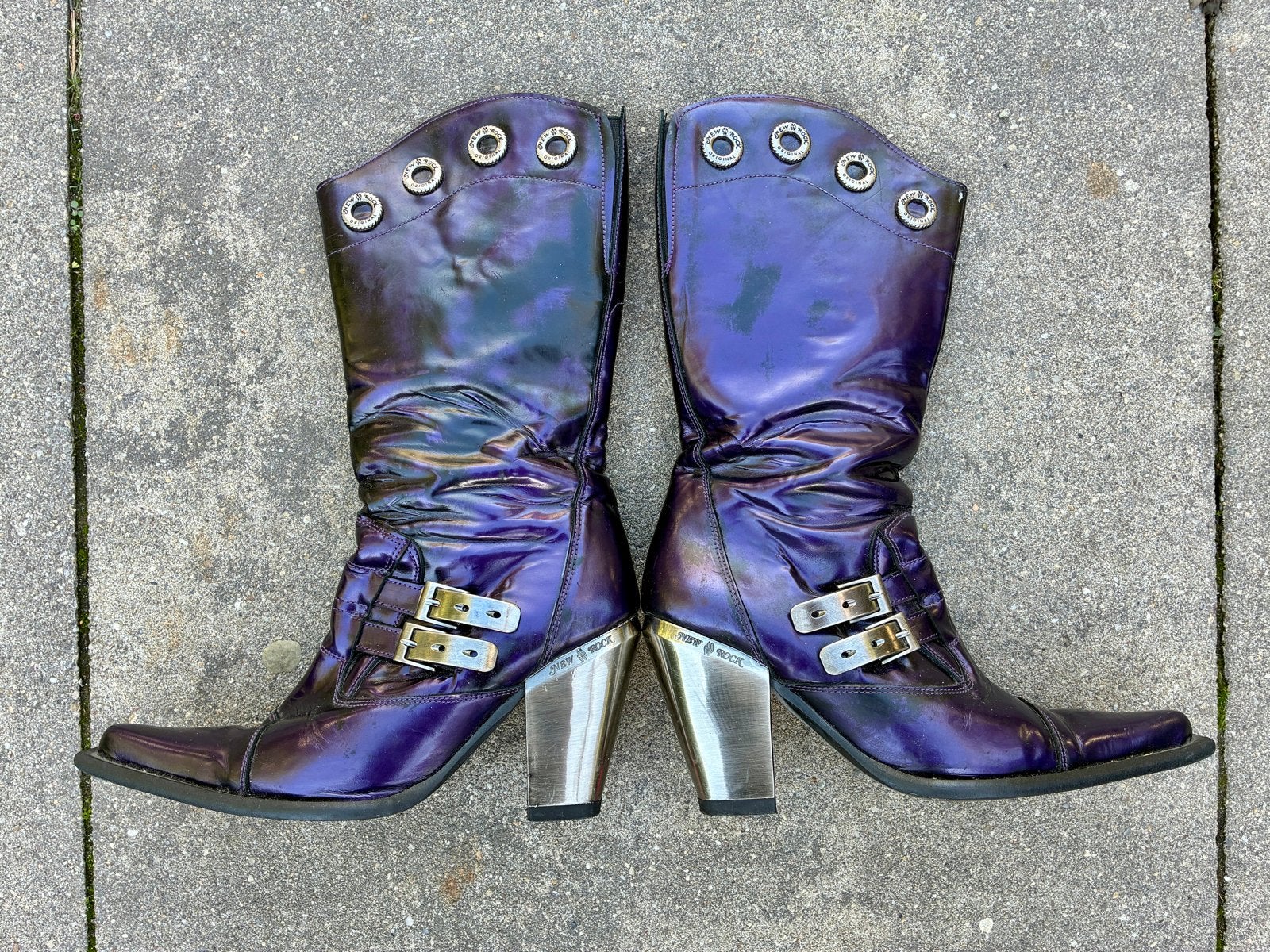 Vintage New Rock paarse leren laarzen – metallic – gothic, Ophalen of Verzenden, Gedragen, Overige kleuren, Lage of Enkellaarzen