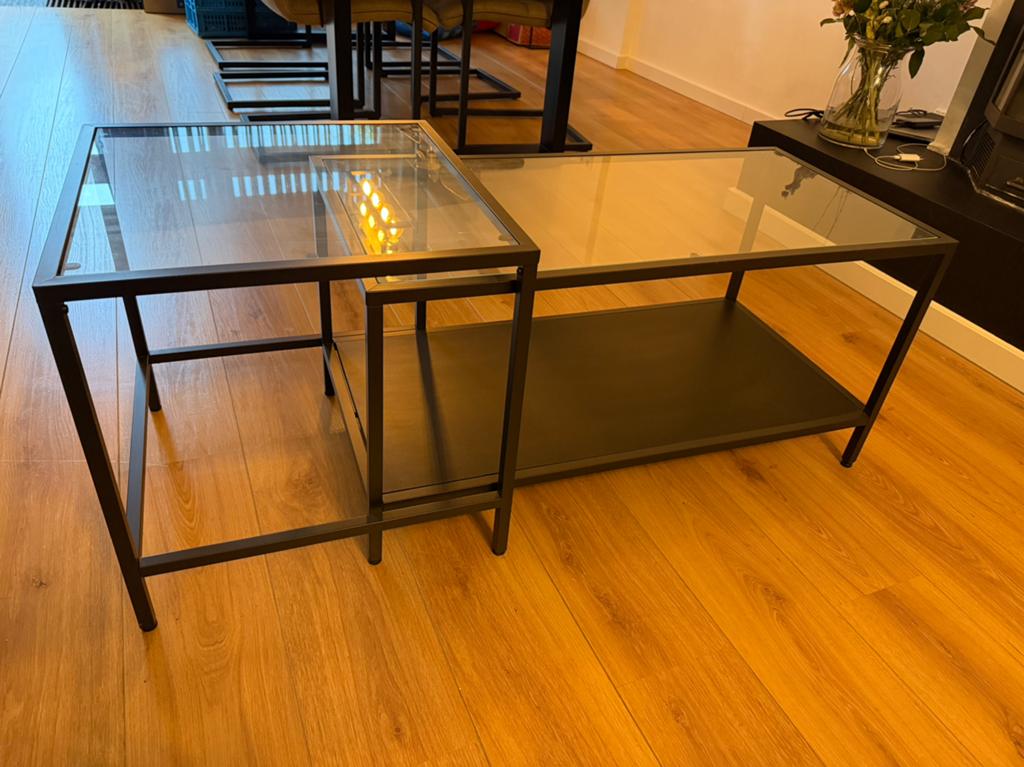 IKEA VITTSJÖ salontafel set, zwartbruin/glas, Ophalen, Modern, industrieel, 50 tot 100 cm, Zo goed als nieuw
