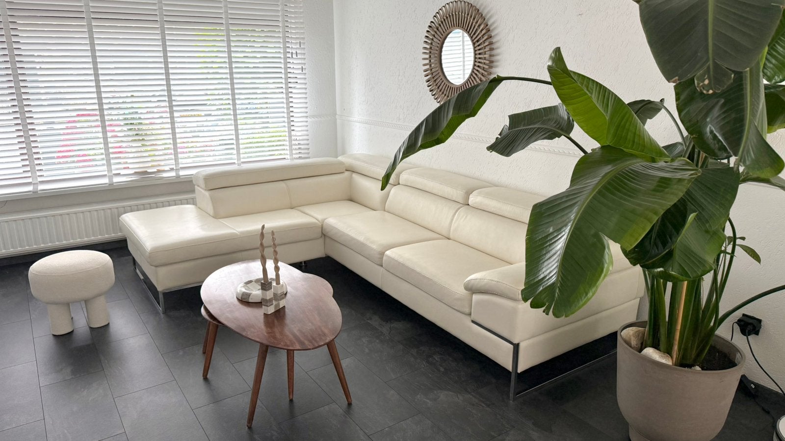 Luxe witte leren hoekbank – Echt leer – 290 x 215 cm, Ophalen, Zo goed als nieuw, Leer
