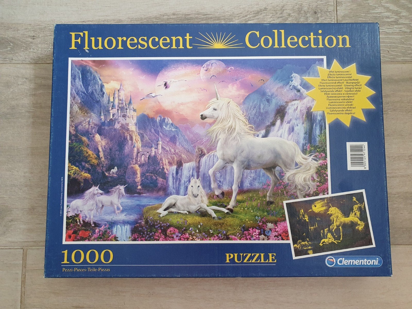 Clementoni Fluorescent Collection Eenhoorn Puzzel 1000 st, Ophalen of Verzenden, 500 t/m 1500 stukjes, Gebruikt, Legpuzzel