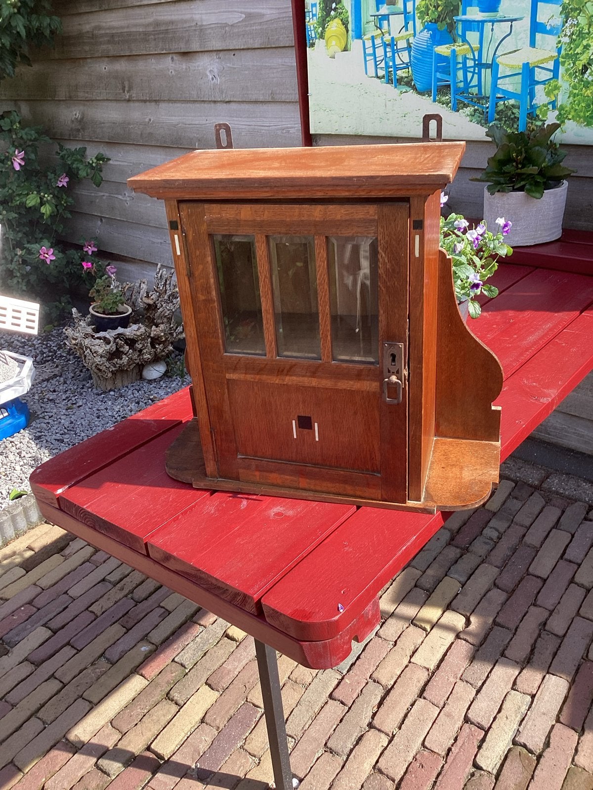 Antieke houten wandkastje met glazen deur, Antiek en Kunst, Ophalen
