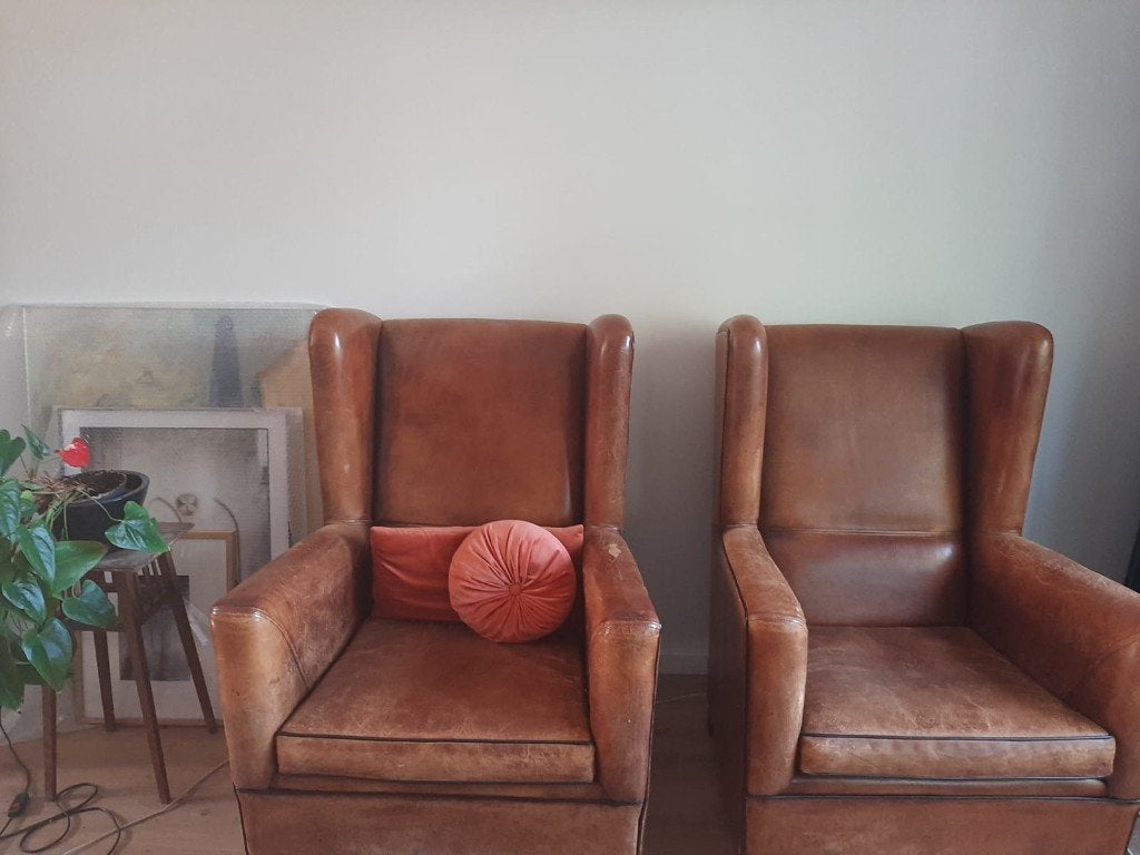 2 schapenleren oor fauteuils, Ophalen, Gebruikt, 75 tot 100 cm, Leer