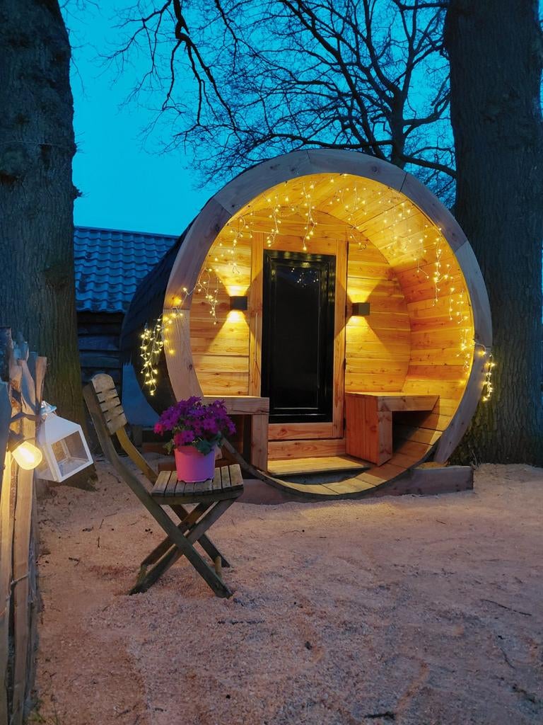 Barrelsauna XXL | Lig Sauna | tiny house |  Ø2,16x2,82m, Sport en Fitness, Sauna, Ophalen, Zo goed als nieuw, Fins of Traditioneel