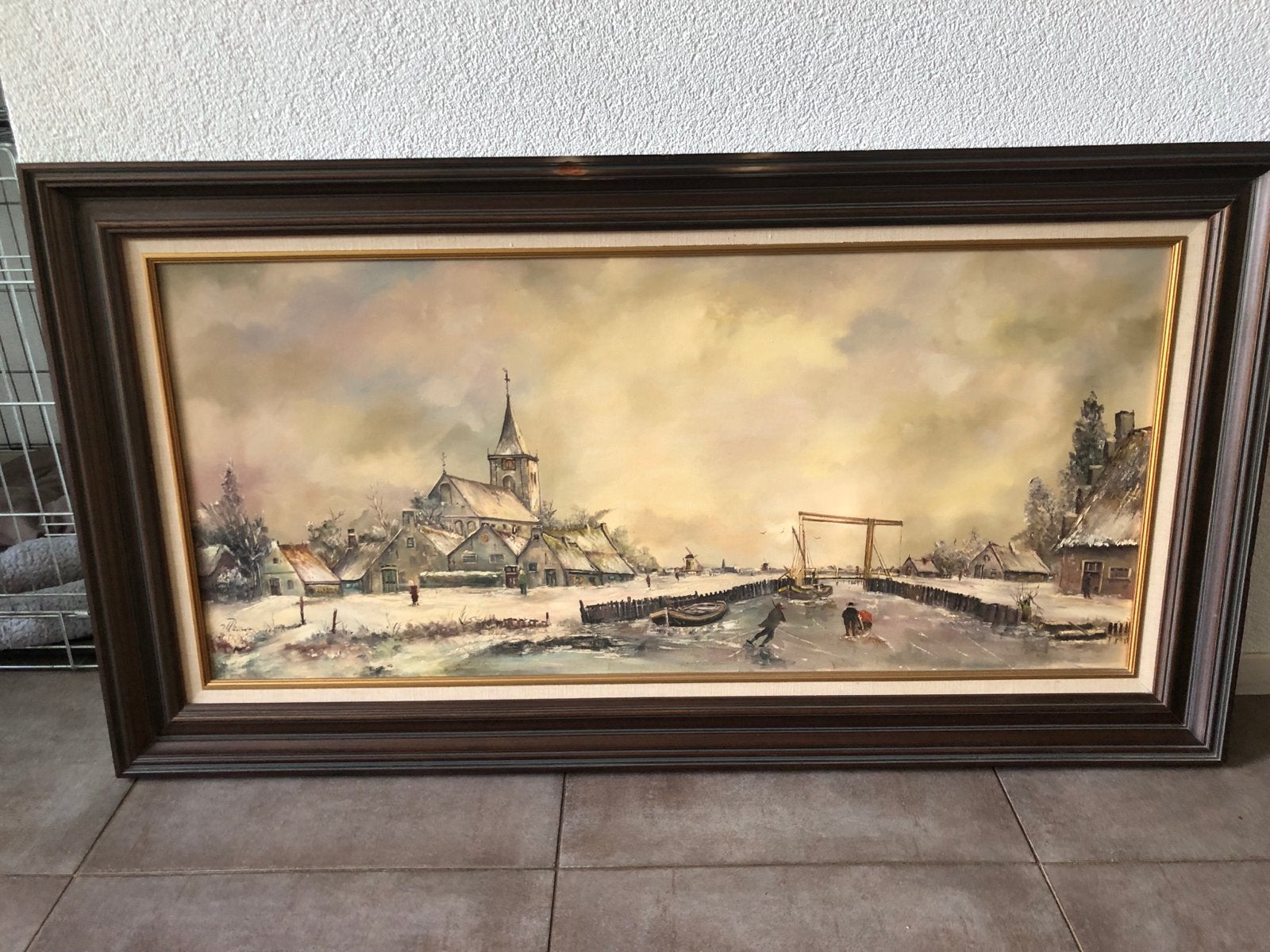 Schilderij Winterlandschap met schaatsers en kerk, Doek, Realistisch, Ophalen of Verzenden, Gesigneerd