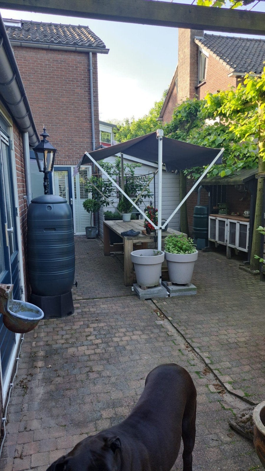 Vrijstaande dubbel markies, Ophalen, Gebruikt, Parasolvoet, Verstelbaar