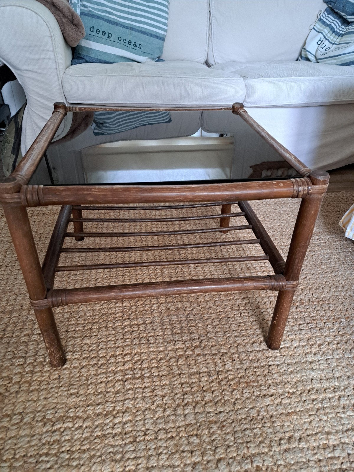 laatste week! Set van 2 vintage bijzettafels met glazen blad, Minder dan 50 cm, Gebruikt, Glas, Vintage, Bohemian, Retro