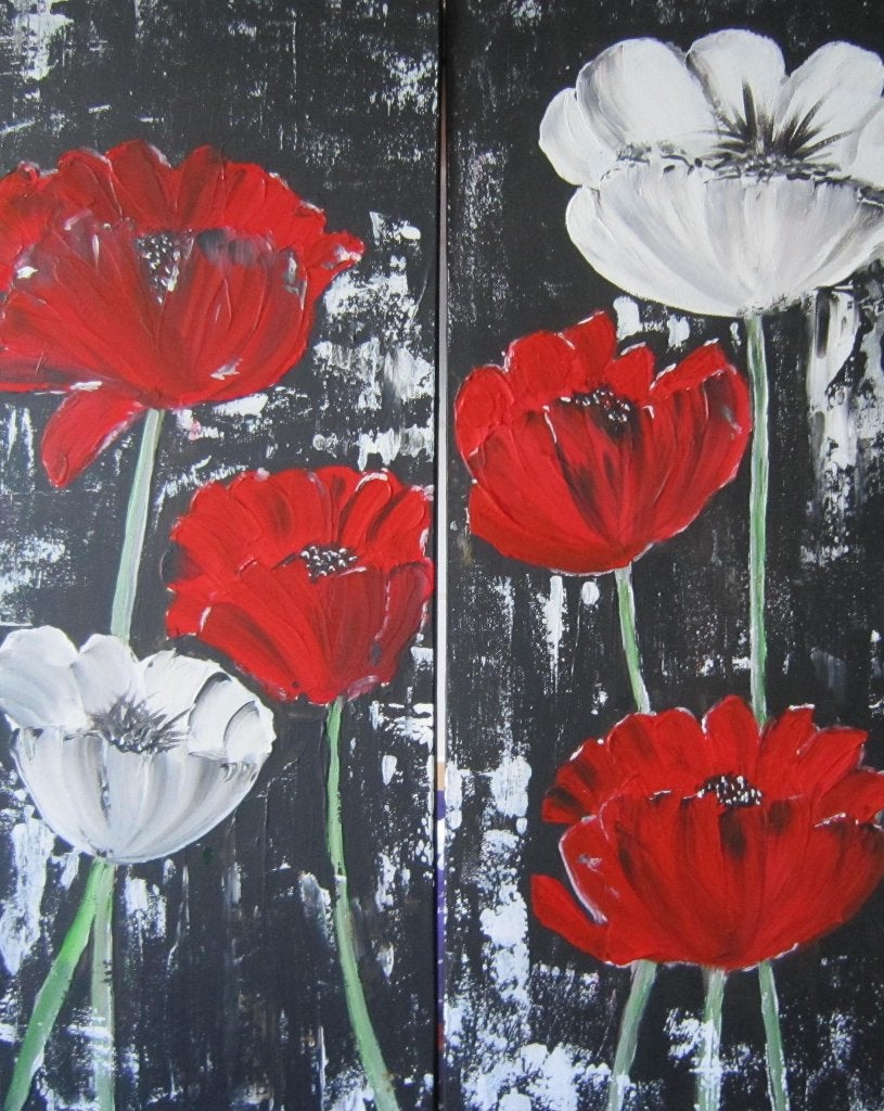 Abstracte bloemen: rode en witte klaprozen op zwart, Ophalen, Acrylverf, Handgeschilderd, Overige materialen