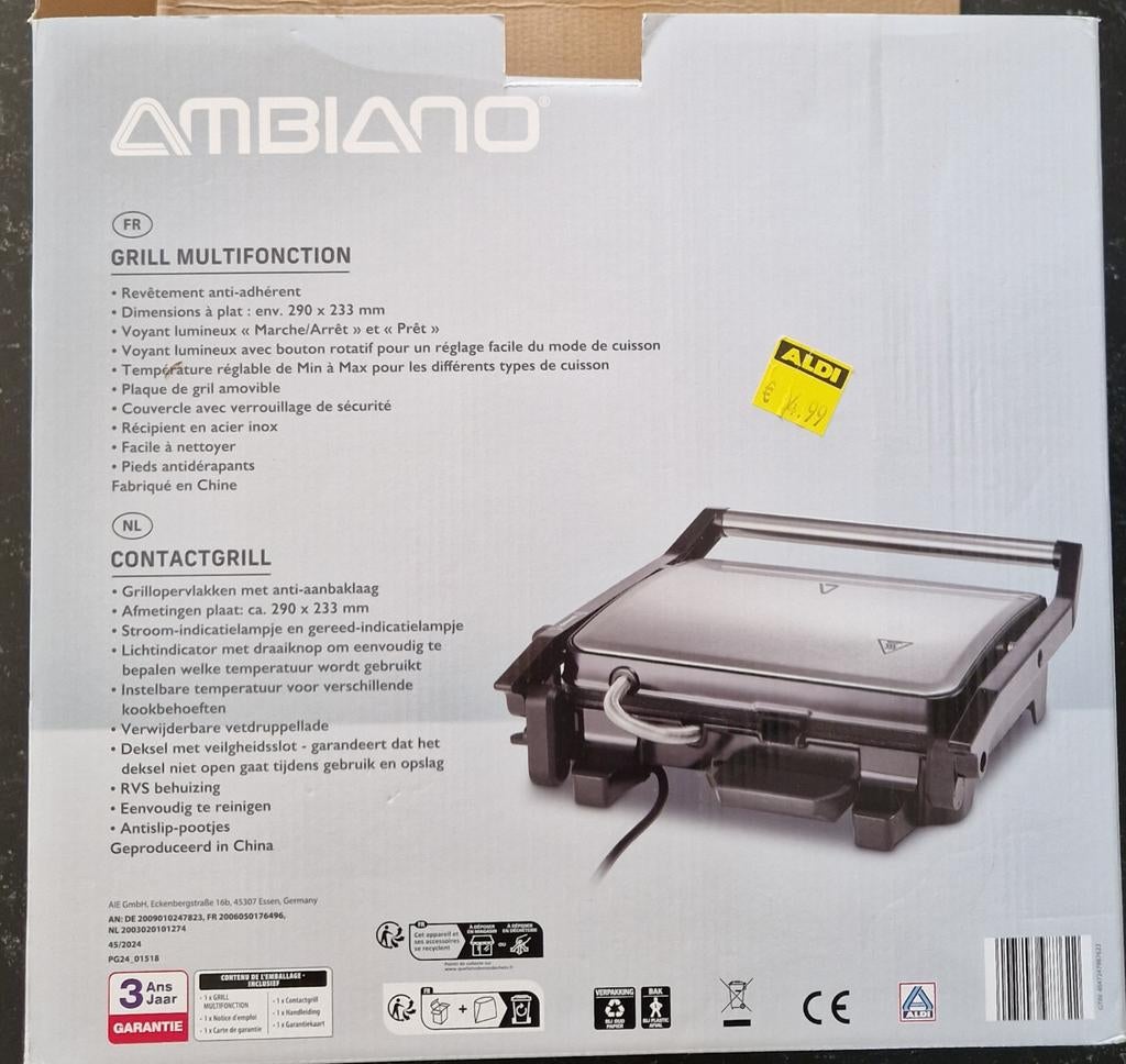 Ambiano grill / tosti ijzer, Huis en Inrichting, Ophalen of Verzenden, Overige materialen, Overige stijlen