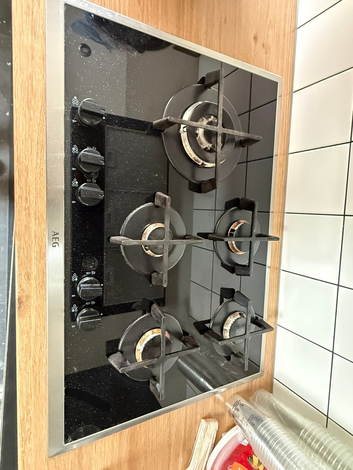 AEG Gaskookplaat - 5 Pitten - Zwart Glas, Witgoed en Apparatuur, Kookplaten, Ophalen, Gebruikt, 4 kookzones, Inbouw