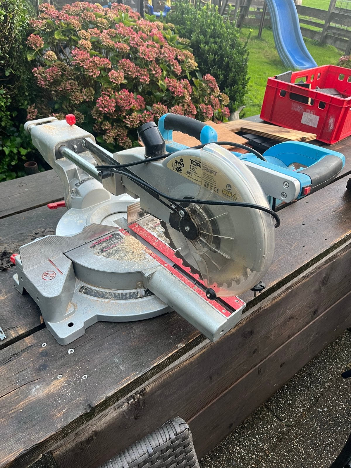 Topcraft Afkortzaag TSMS-180G/2012NL - 1800W, Doe-het-zelf en Verbouw, Ophalen, Gebruikt, 70 mm of meer, Afkortzaag
