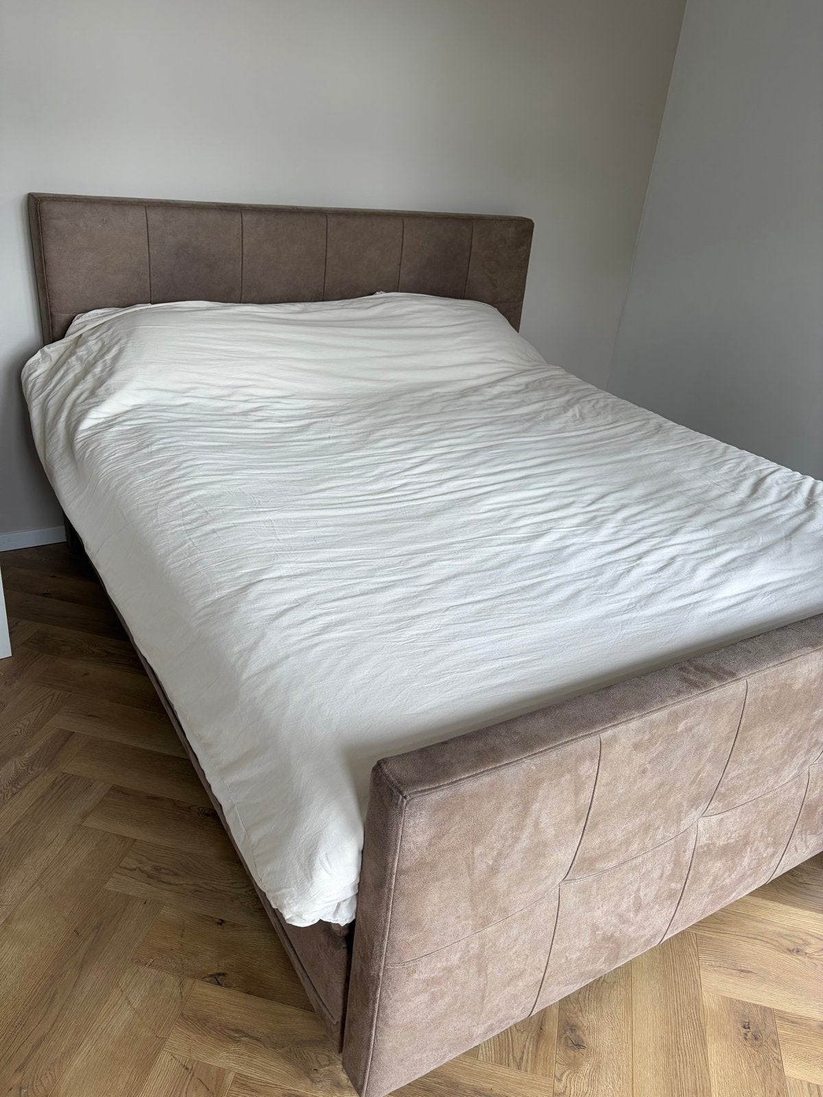 Boxspring met matras, faux leather bruin 180x200, Gebruikt, Bruin, Tweepersoons, Ophalen of Verzenden