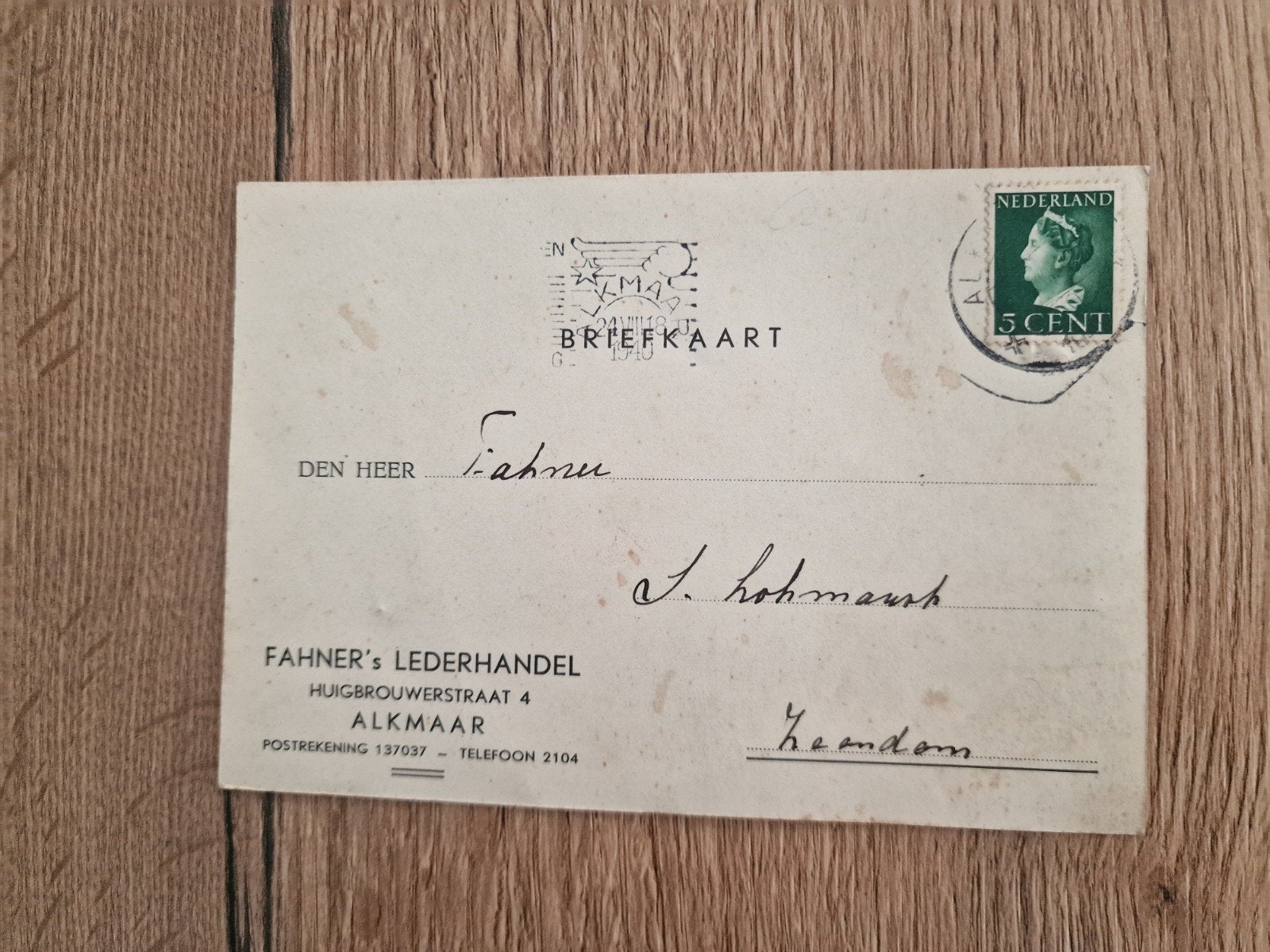 Oude Briefkaart Fahner's Lederhandel Alkmaar, Ophalen of Verzenden, Briefkaart