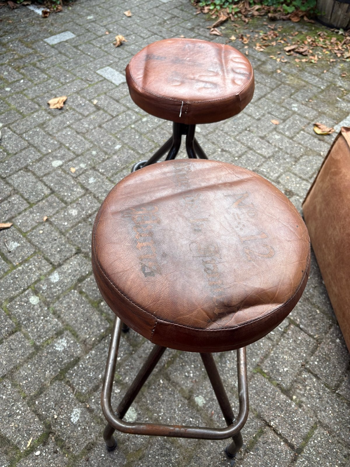 Vintage barkrukken, set van 2, leer en metaal, Gebruikt, Twee, Bruin, Leer