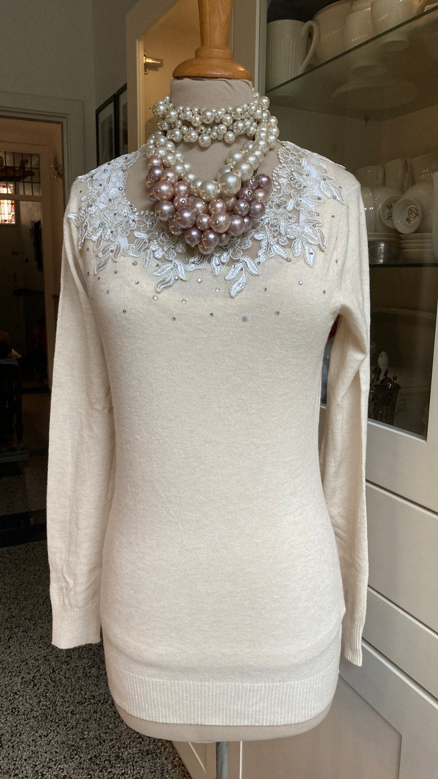 MAJOLICA Roomwitte modal/Viscose trui met kant/strass mt S, Kleding | Dames, Ophalen of Verzenden, Nieuw, Maat 36 (S), Wit