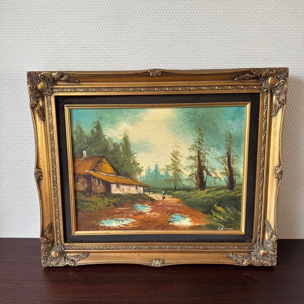 Vintage Bos Schilderij in Barokke Gouden Passe Partout Lijst, Ophalen of Verzenden