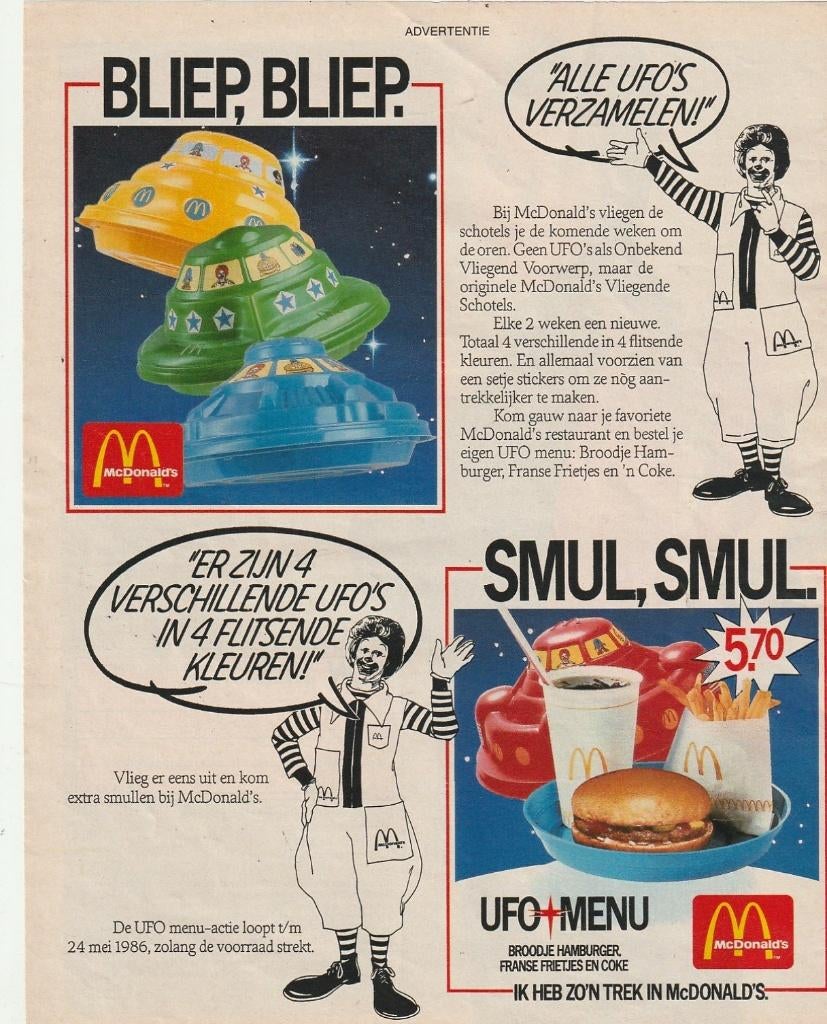 retro reclame 1986 McDonald's UFO menu bliep bliep, Verzamelen, Verzenden, Overige typen