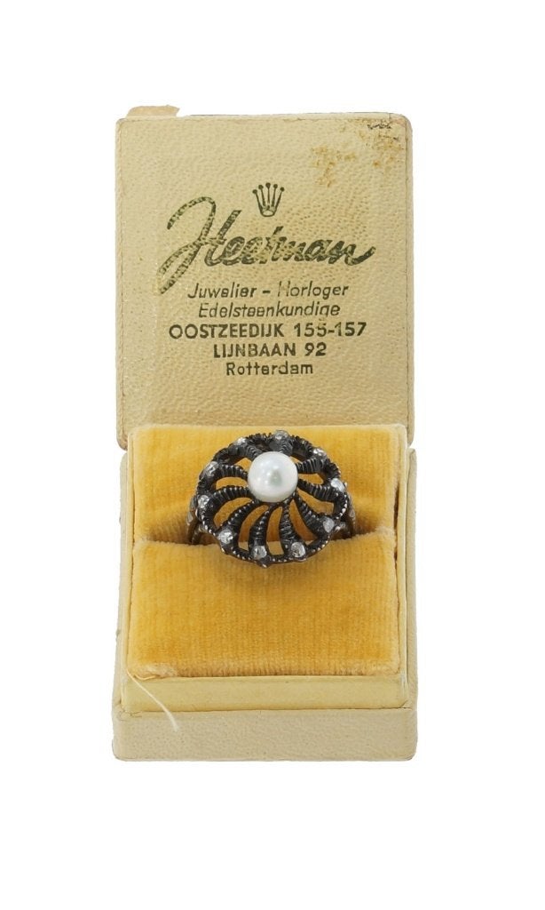 Diamanten parel antieke dames ring zilver doos fraai, Verzenden, Zilver, Ring, Met edelsteen