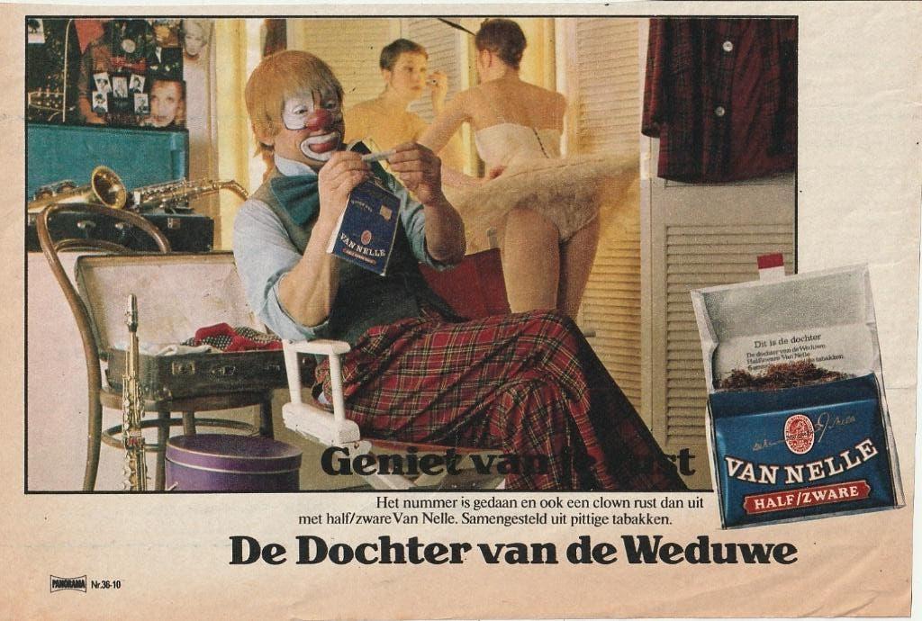 Retro reclame 1974 Van Nelle shag clown heeft pauze, Verzamelen, Retro, Overige typen, Verzenden