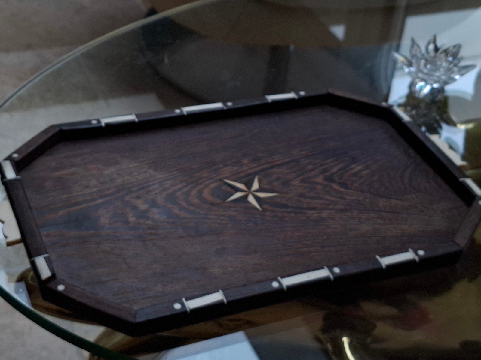 Antiek Houten dienblad met inlegwerk, Gebruikt, Ophalen of Verzenden, Dienblad, Rechthoekig