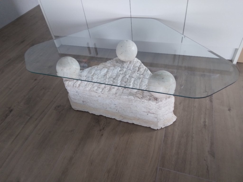 Salontafel mergelsteen en glas 137 cm x 83,5 cm x 40,5 cm, Ophalen, Gebruikt, 100 tot 150 cm, 50 tot 100 cm
