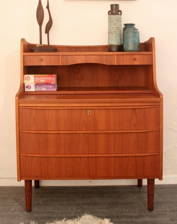 Jaren 50 teakhouten secretaire Deens - mid century design, Gebruikt, -, 100 tot 150 cm, -