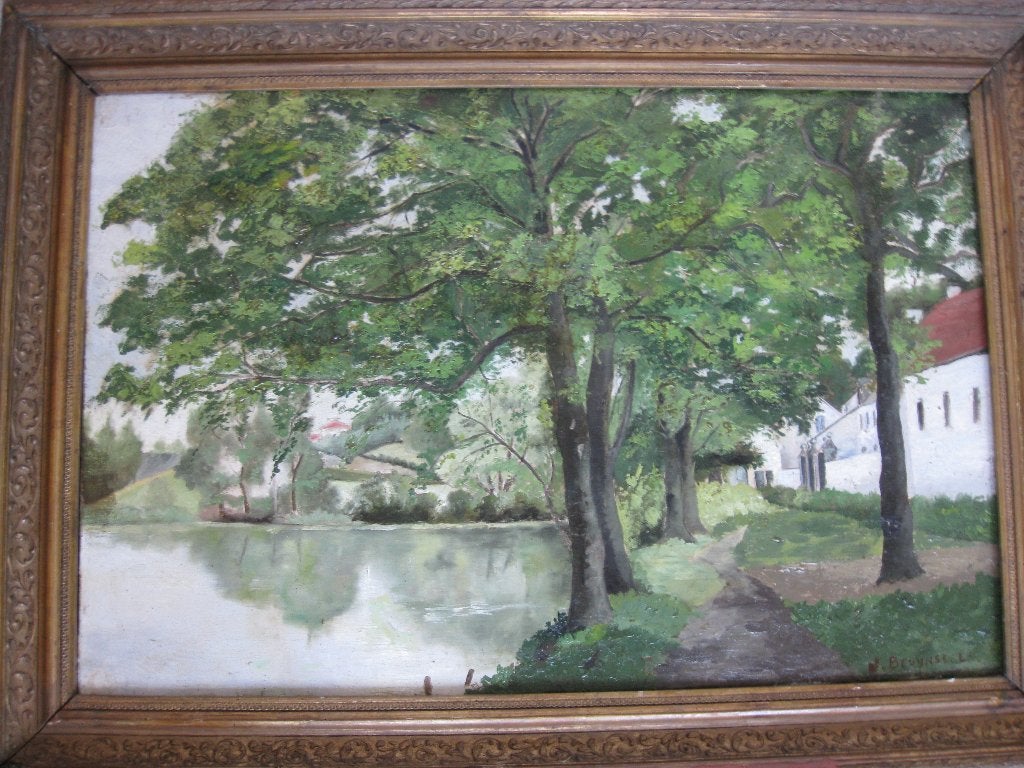 "Huizen aan het water", Bruynseel, olieverf., Ophalen of Verzenden, Ingelijst