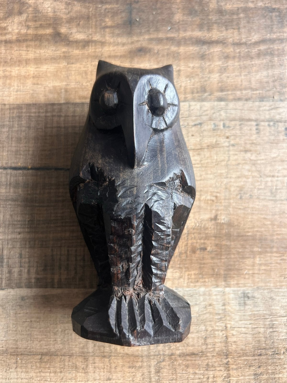 Houten uil sculptuur - Handgesneden zwaar hardhout, Antiek en Kunst, Minder dan 20 cm, Ophalen of Verzenden, Handgemaakt, Beeld