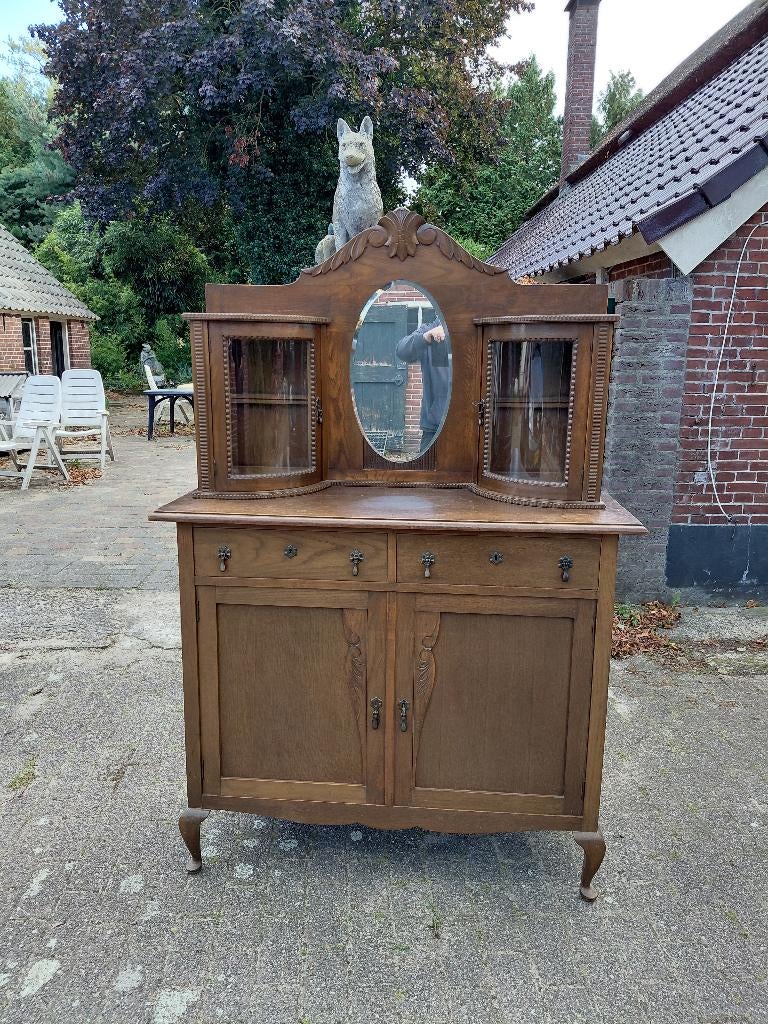 Art Nouveau eiken spiegelbuffet met ovale spiegel., Antiek en Kunst, Curiosa en Brocante, Ophalen