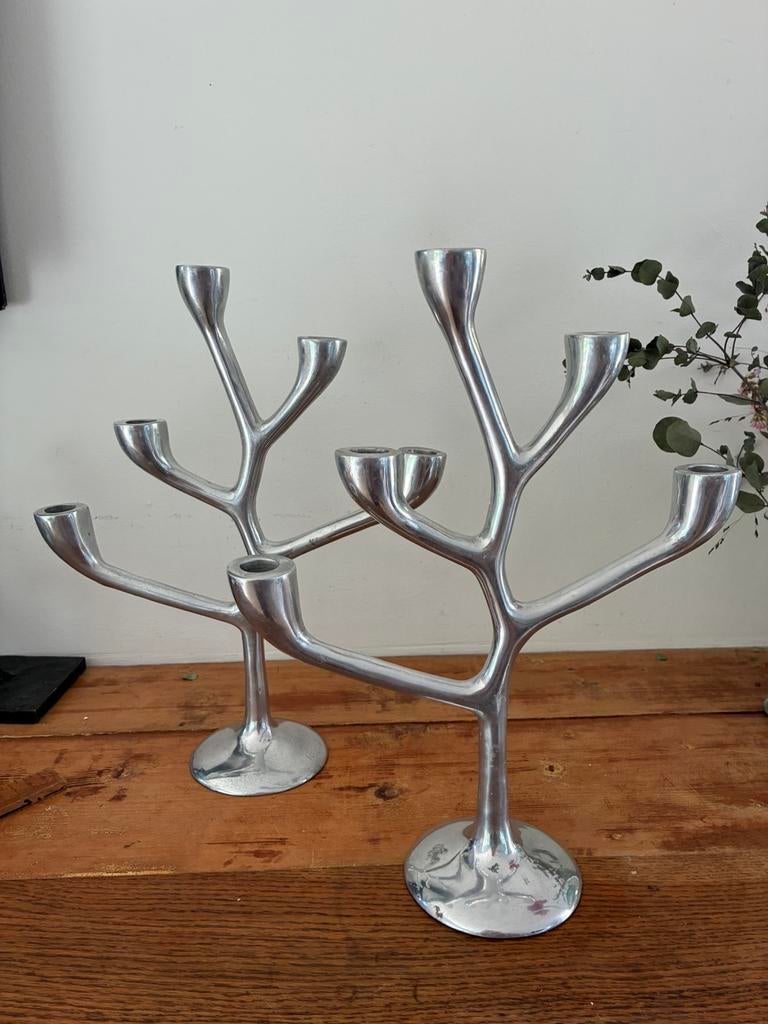 Paar design Italiaanse “boom” kandelaars, Ophalen of Verzenden, Zo goed als nieuw, Metaal, Minder dan 25 cm