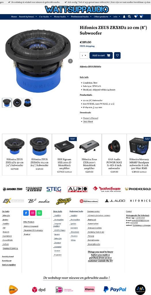 Hifonics ZEUS ZRX8D2 20 cm (8") Subwoofer 8 inch, Audio Design, Nieuw, Am Breilingsweg 3, 76709 Kronau, Duitsland, Ophalen of Verzenden
