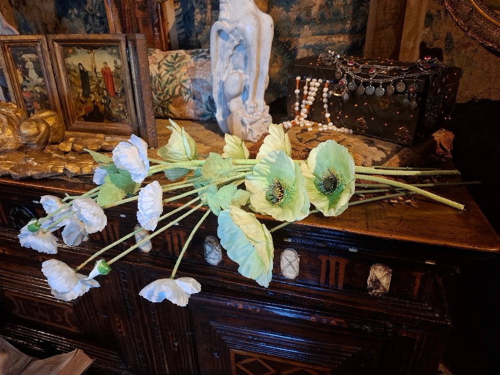 Klein boeket witte en groene stoffen klaprozen/papavers, 62 cm, Kunstbloem, Nieuw, Textiel