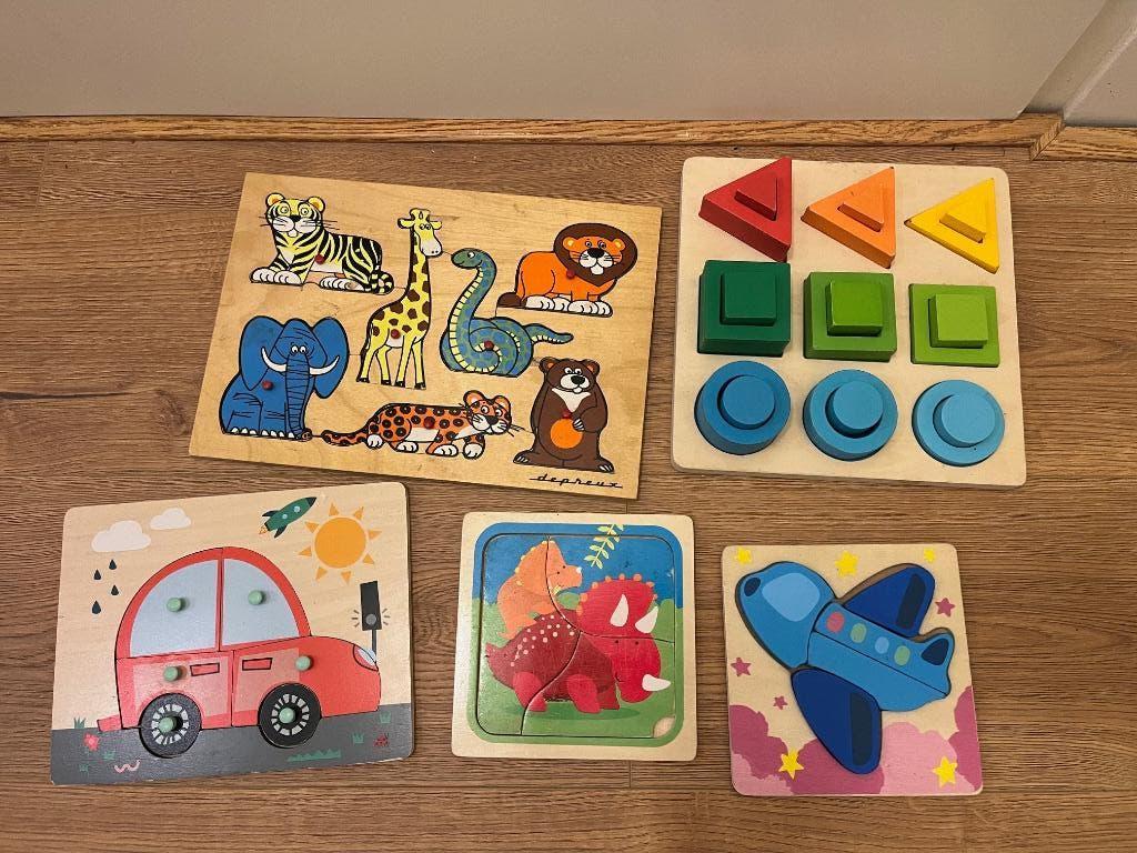 Set van 5 houten baby/peuterpuzzels, Gebruikt, Ophalen of Verzenden, Van hout, Minder dan 10 stukjes