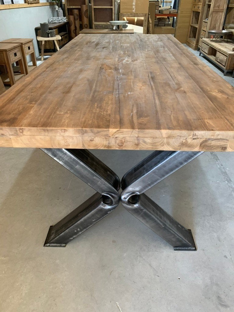Eettafelblad 8 dik, geborsteld teak, stoer, tafel, 220-250cm, Ophalen, 100 tot 150 cm, Teakhout, Landelijk
