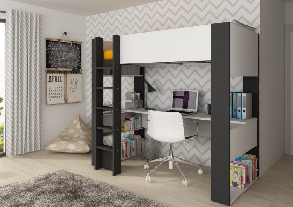 Twist hoogslaper met bureau - 90x200 - Wit met antraciet, Niet ingevuld, Niet ingevuld, Nieuw, Ophalen of Verzenden