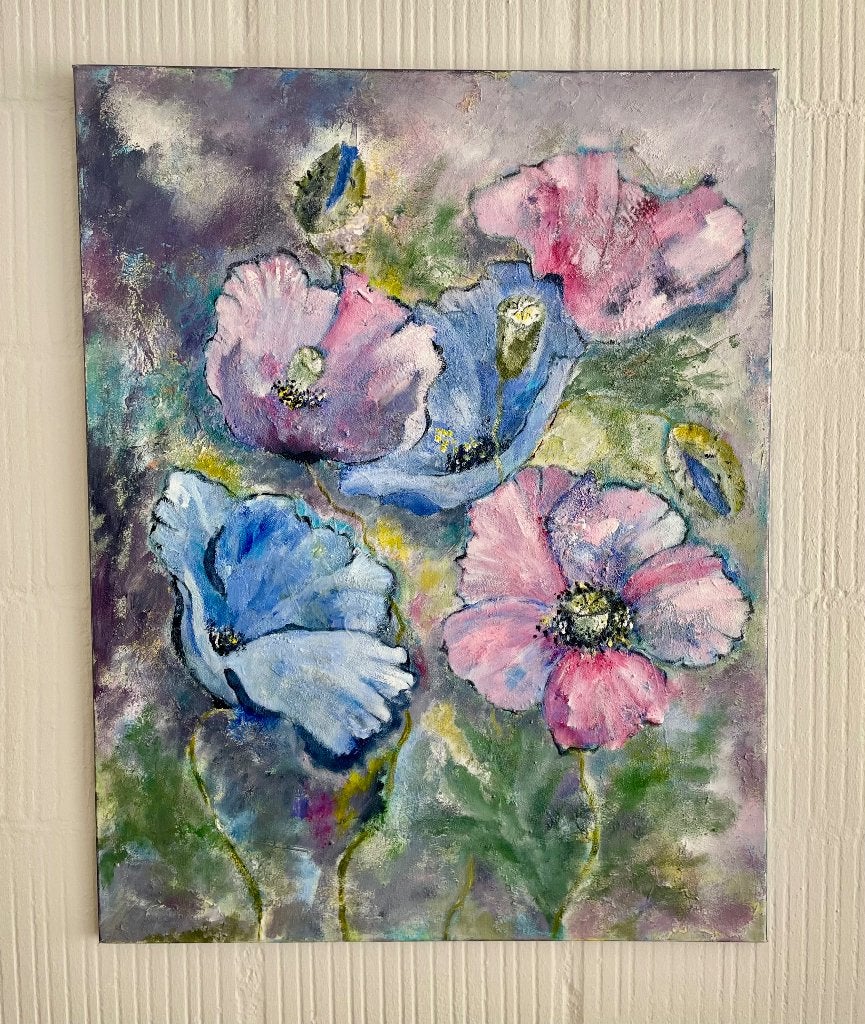 Schilderij Anemonen 70x90, Ophalen, Op houten frame, Acrylverf, Bloemen